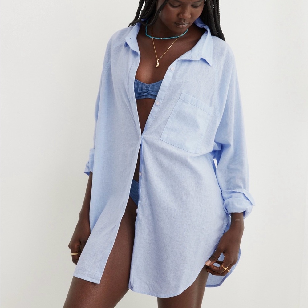 Aerie Linen Blend Eyelet Blue Coverup Button Up XS